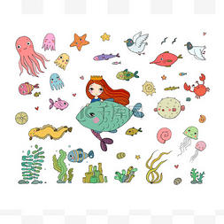 小可爱图片_海洋插图集。小可爱的卡通美人鱼