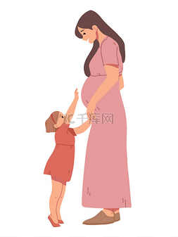 怀孕妈妈卡通素材图片_小女孩触摸她怀孕的妈妈的肚子.