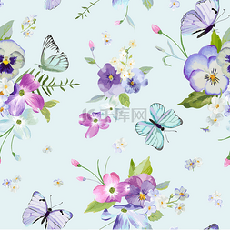 盛开的花朵手绘图片_无缝模式与盛开的花朵和飞舞的蝴
