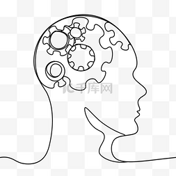 人类思维图片_人类大脑齿轮转动思考线条画创意