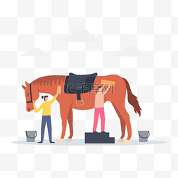 卡通动物图片_卡通马术赛马运动插画打理马匹中