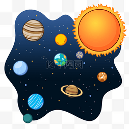 深蓝色背景图片_九大行星与太阳插画风格深蓝色