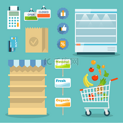 互联网手绘图标图片_超市食品购物互联网概念