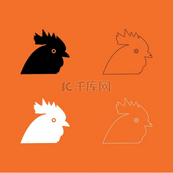 动物和食物图片_公鸡头黑色和白色设置图标.. 公鸡