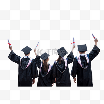 学生背影举起毕业证书学士服拍照留念