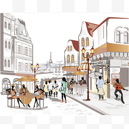 灯笼素描图片_系列的咖啡馆在旧城的街道