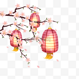 小插画小物件图片_越南新年粉色桃花灯笼节日边框