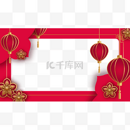 春节矢量边框图片_春节喜庆的红色花朵灯笼边框