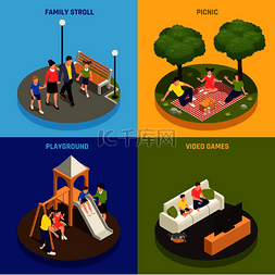 家庭游戏概念图标集野餐和电子游