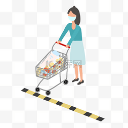 超市扁平插画图片_社交隔离推着购物车的女士