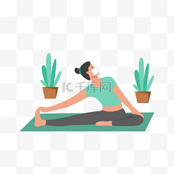 口罩插画图片_戴口罩绿色上衣女人腿部拉伸瑜伽