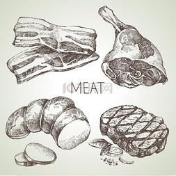手绘食物火腿图片_手绘素描肉制品套装矢量黑白复古