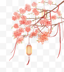 许愿图片_许愿树粉色花朵春天迎风灯笼红绳