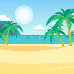 海洋卡通图片_热带海滩。金色的沙滩, 有棕榈树