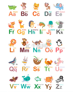 可爱的动物字母从 A 到 Z 矢量图