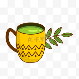 茶杯绿叶黄色绿色图片绘画