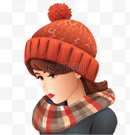 毛线帽扁平图片_卡通扁平风格冬天毛线帽女孩