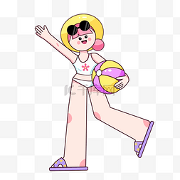 夏日线描沙滩度假打排球女孩