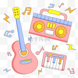 钢琴吉他图片_描边风漫画电音节