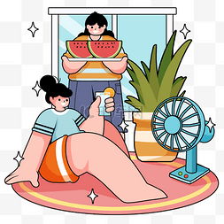 西瓜冷饮图片_夏天夏季乘凉吃西瓜描边人物