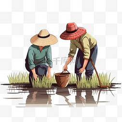 农民画原创图片_春天播种耕种耕耘农民种水稻