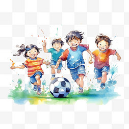足球赛程图片_踢足球水彩风格儿童人物儿童节欢