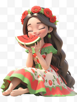 吃西瓜的少女图片_3dc4d立体夏天吃西瓜的女孩