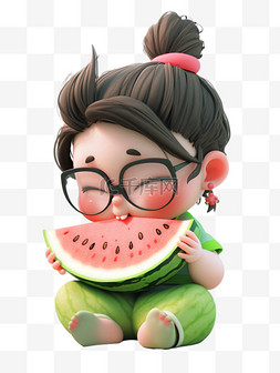 吃西瓜的女孩图片_3dc4d立体夏天吃西瓜的女孩