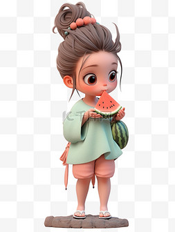吃西瓜的少女图片_3dc4d立体夏天吃西瓜的女孩