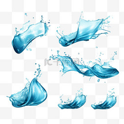 水花飞溅，蓝色的液体波浪和水滴