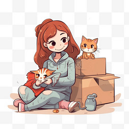 动物可爱带字可爱图片_可爱的女孩带着猫把货物装进盒子