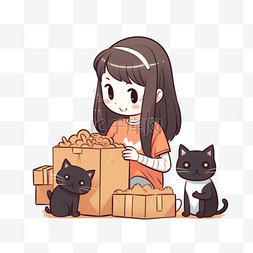手绘卡通人物家庭图片_可爱的女孩带着猫把货物装进盒子