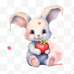 草莓水彩高级矢量壁纸可爱的兔子