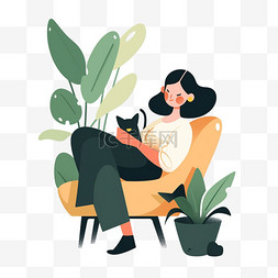 扁平插画坐在沙发上抱着猫的女子