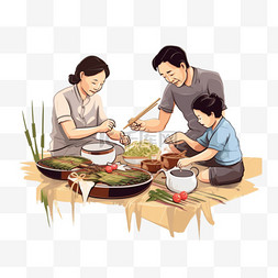手工制作和吃粽子的家庭