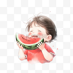 小暑手绘插画图片_吃西瓜的可爱的孩子开心的表情手
