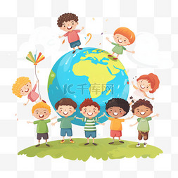 世界地球背景图片_手绘儿童节地球孩子手拉手全球化