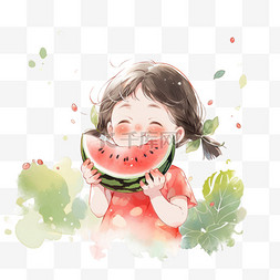 夏天插画背景图片_吃西瓜的可爱的孩子开心的表情手