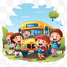 卡通手绘快乐儿童与校车
