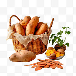 土豆在袋子里图片_土豆马铃薯元素编织筐中的马铃薯