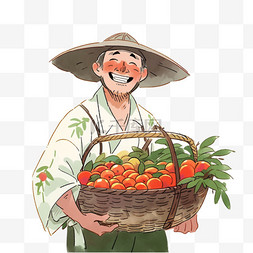 农民拿着竹筐丰收的果实