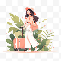 女孩行李箱插画图片_扁平插画风格旅游度假人物拖行李