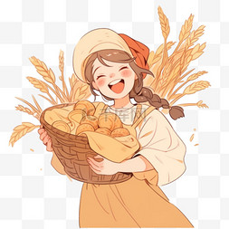 女孩开心的拿着秋收的农作物卡通