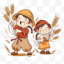 卡通孩子秋收麦子元素