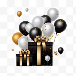 节日和装饰图片_生日快乐黑白金色礼盒和气球庆祝