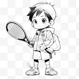 卡通简约线条人物小男孩手持网球