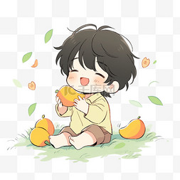 吃着芒果的男孩手绘元素