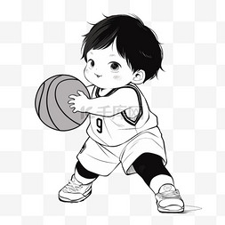 卡通打篮球图片_卡通简约线条人物小男孩双手抱球
