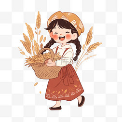 手绘女孩开心的拿着秋收的农作物