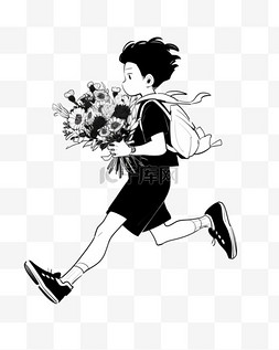 一个拿着花在奔跑的男孩
